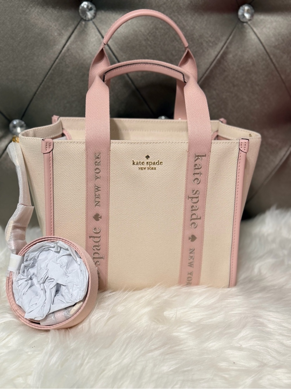 Kate Spade Kip Blush Pink Canvas Tote with Logo Webbing - Picture 2 of 5